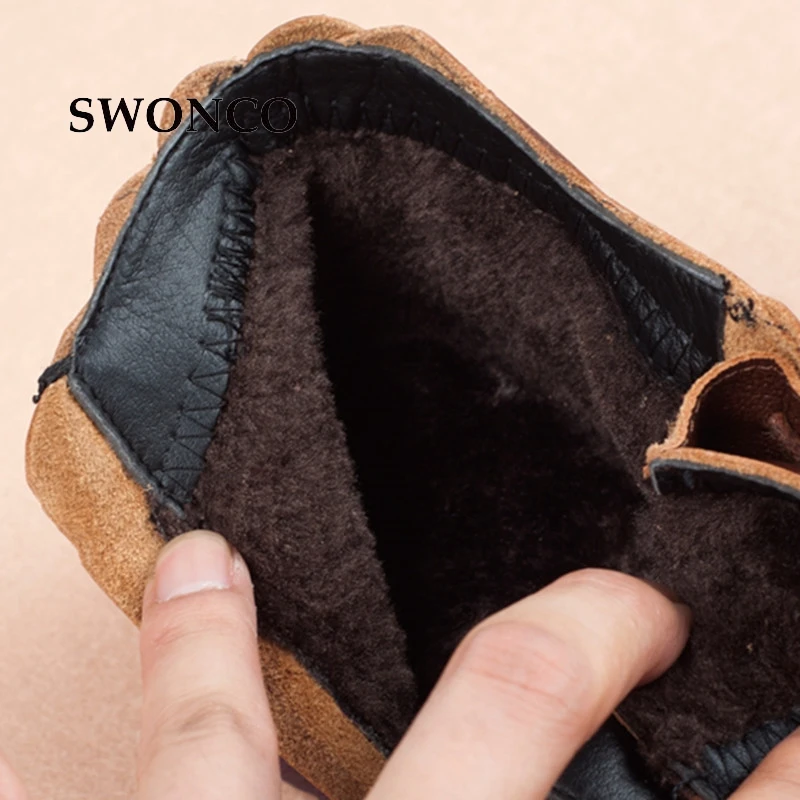Lace Chaussures Cheville En De Swonco Neige brown D'hiver Véritable Non Femmes slip Bottes Noir Cuir Up Black Dames Boot 7z0tz