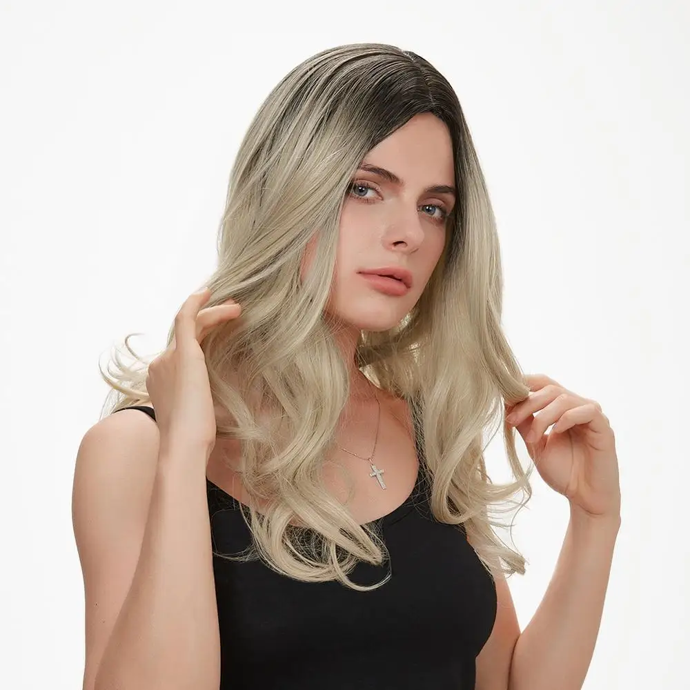 

FAVE Black Light Brown Ombre Color Middle Part Long Wavy Dark Root Synthetic Hair Wigs For Black American Women Cosplay Or Party
