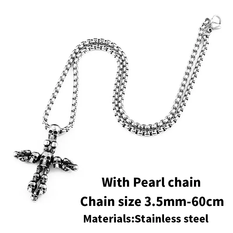 Steel soldier vintage skull viking cross pendant necklace for me 316l stainless steel punk rock jewelry - Окраска металла: with pearl chain