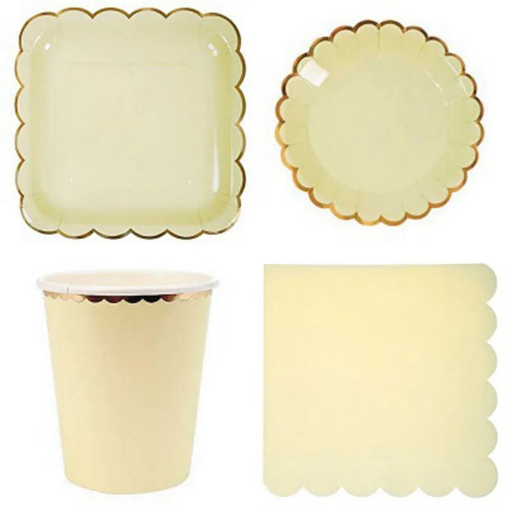 

Golden Rim Yellow Disposable Sets Plates Cup Napkins Party Tableware for Theme Wedding Decor Birthday Party Supplies