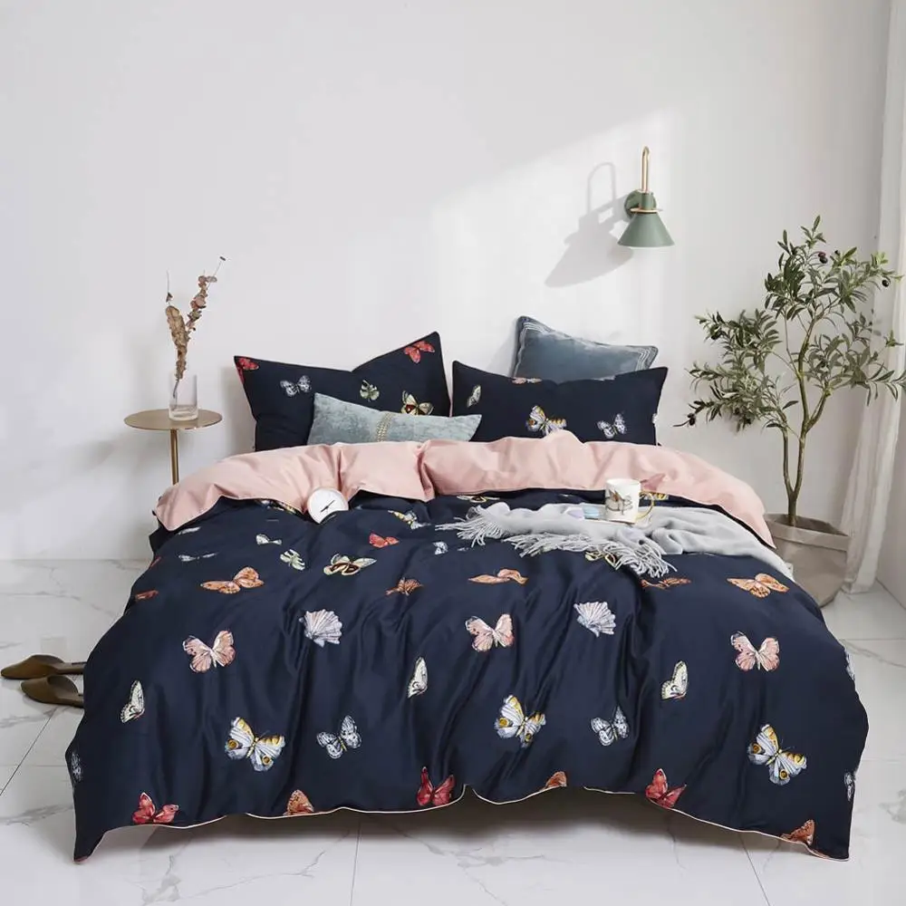 

2019 Fashion Dark Blue Butterfly Brief Bedlinens Egyptian Cotton Bedding Set Queen King Size Flat sheet Duvet Cover Set
