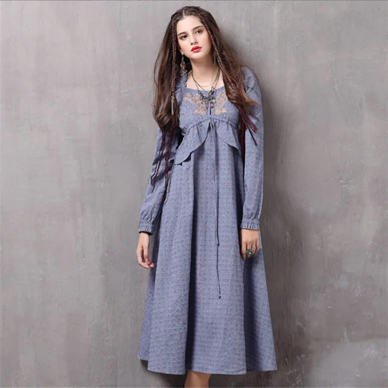 

Vintage Autumn Women Dress 2017 Winter Cotton Linen Vestidos Square Collar Flower Embroidery Long Sleeve Mid-Calf Dresses
