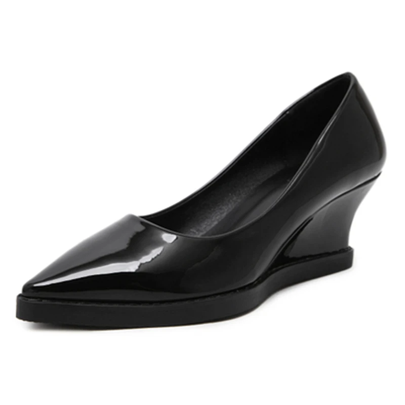 Весенние модные черные туфли на танкетке из натуральной кожи; женские туфли на высоком каблуке с острым носком; Повседневная обувь из воловьей кожи; Размеры 33-40 - Цвет: Patent Leather CM5