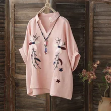 Women Spring Summer Retro Loose Short Sleeve Shirt 2017 Blouse Embroidery Floral High Quality Cotton and Linen Slim-type Tops