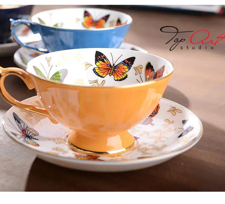 Европейская классическая бабочка костяного фарфора кофейная чашка британский черный Набор чашек 24 K Золотая чашка блюдце