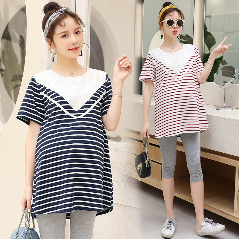 

619# Striped Cotton Patchwork Lace Maternity Shirts Summer Fashion T Shirt Clothes for Pregnant Women Pregnancy Casual Tees Tops
