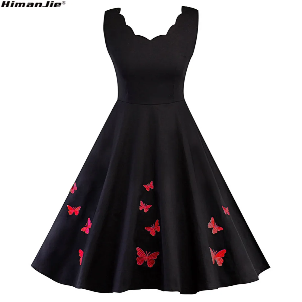 

Himanjie Plus Size Vintage Robe Pin Up Black Wave V neck Butterfly Embroidery Dress 1950s Summer Elegant Retro Women swing Dress
