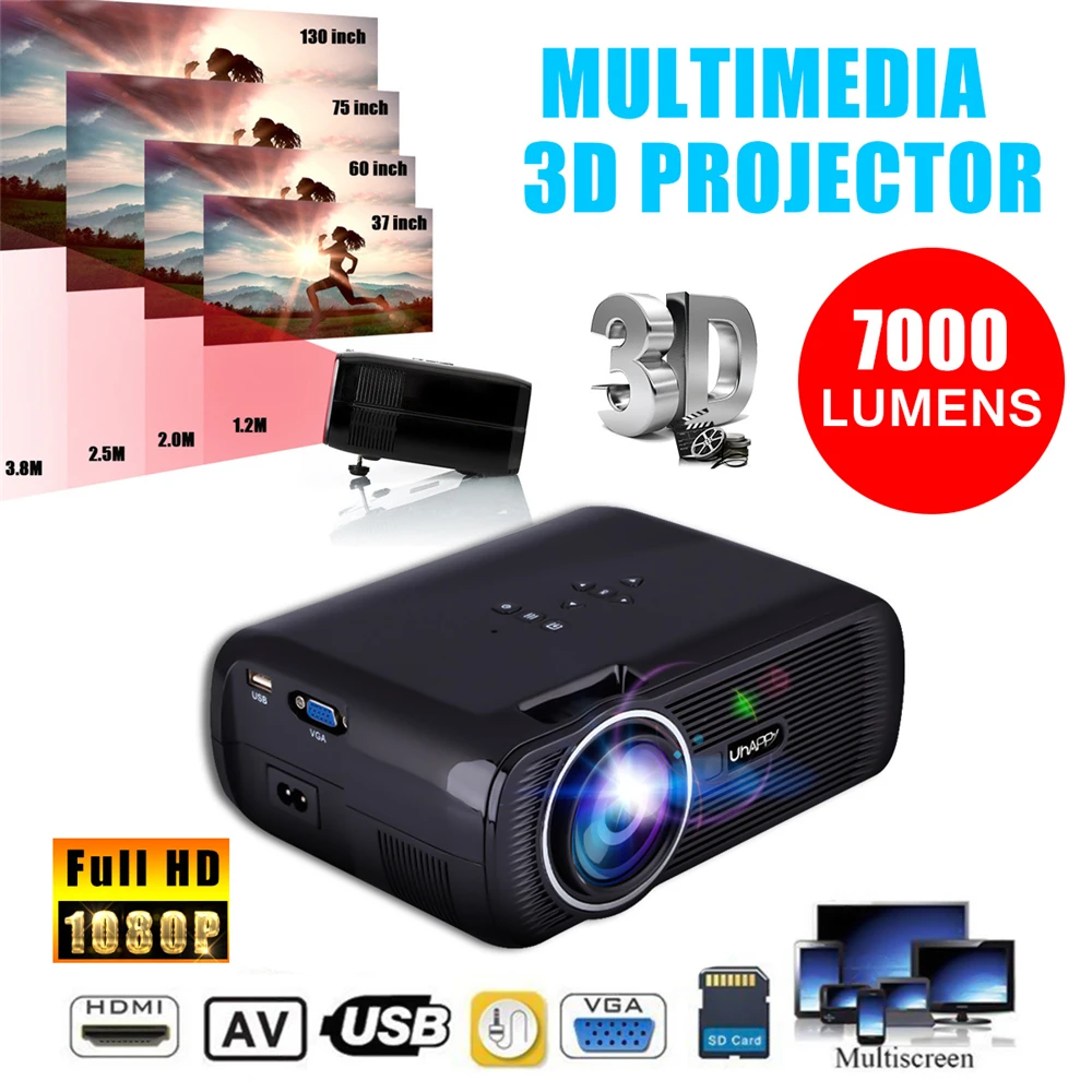 7000LM 1080P Portable LED 3D Projector Multimedia Home Office Theater Cinema USB HD
