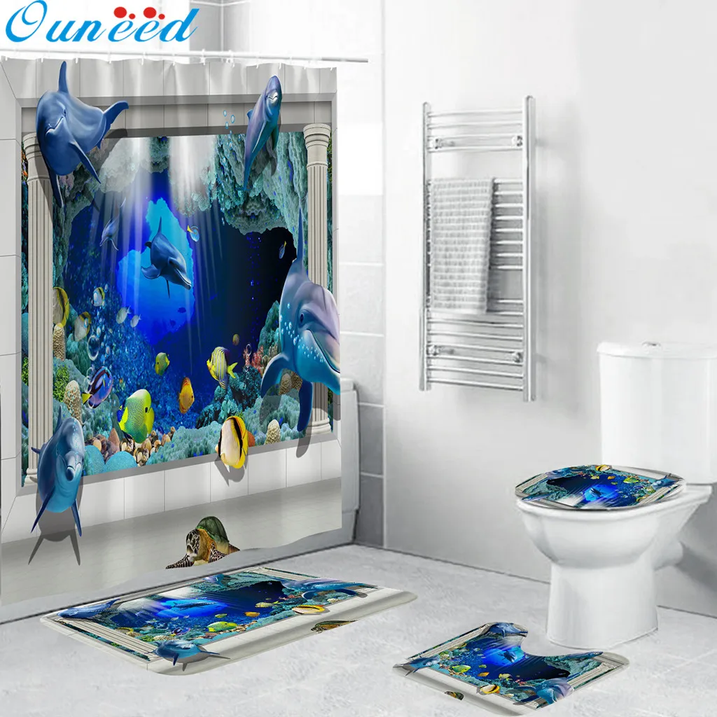 

Ouneed Blue ocean world Shower Curtains set 4PCS @ Non Slip Cute dolphin Toilet Polyester Cover Mat Set Bathroom Shower Curtains