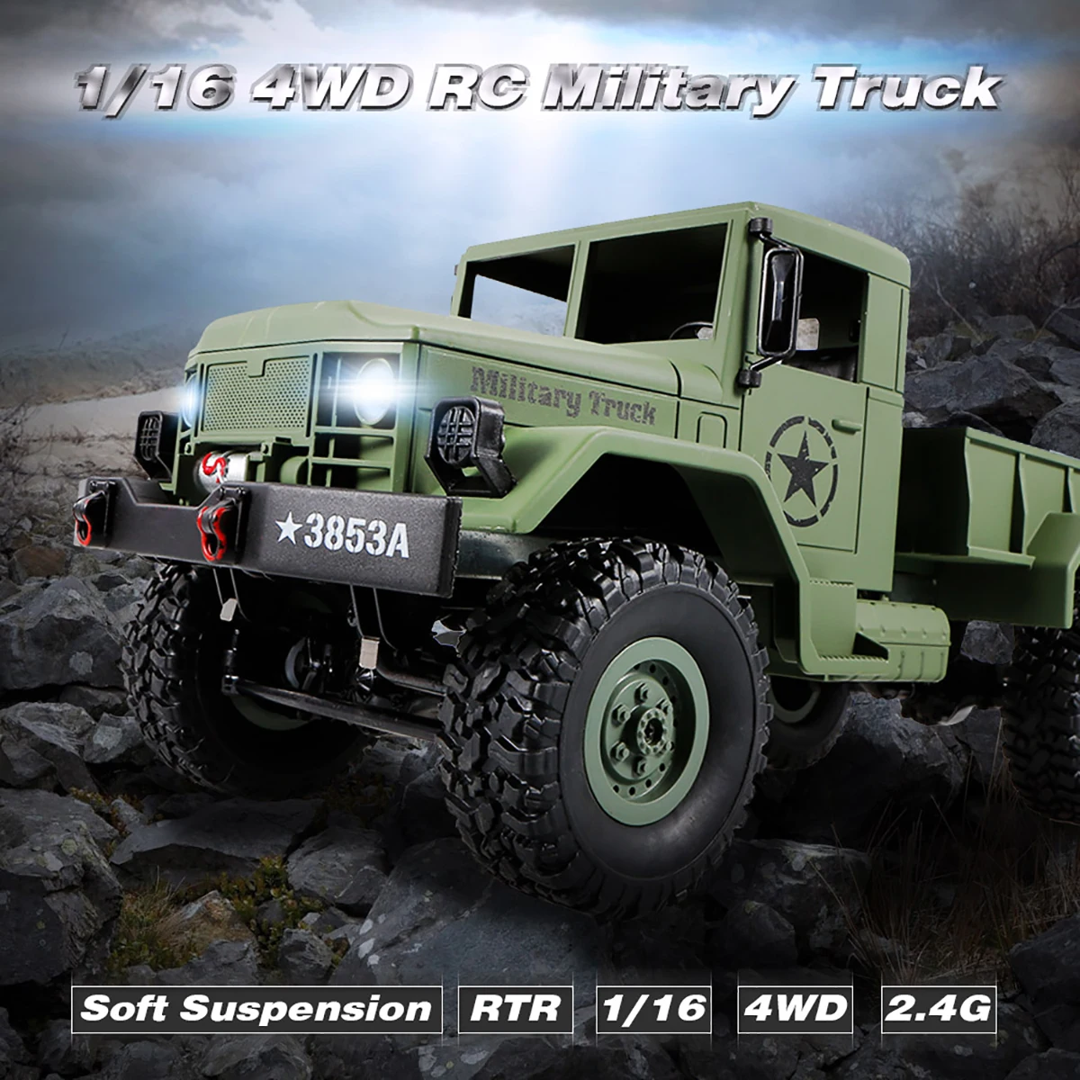 

1:16 2.4G 4WD 10km/h RC Crawler Military Truck Off Road Rock Car RTR Remote Control Toy Power-efficient Colors LED Headlight