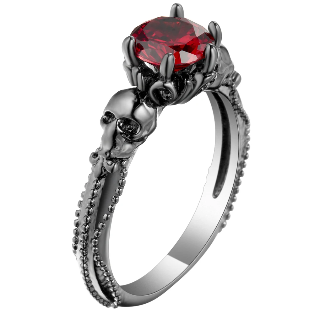 Vintage Red Zircon Stone Skull Rings Fashion Black Gold Filled Jewelry Women Men's Punk CZ Skeleton Ring For Party Dropshipping