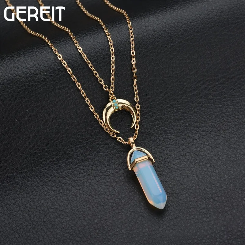 

GEREIT New Arrival Fashion Jewelry Double Layers Gold Chain Moon Necklace With Bullet Faux Marble Stone Girl Trendy Accessories