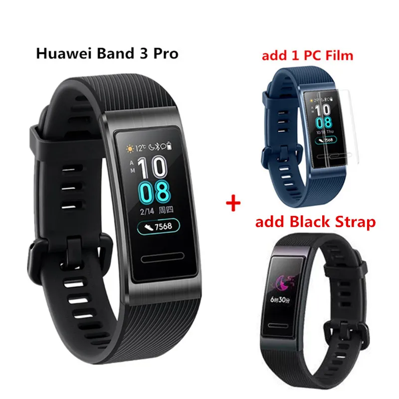 Смарт-браслет huawei Band 3 Pro с gps, металлический Amoled, Полноцветный Сенсорный экран 0,95 дюйма, датчик сердечного ритма, браслет для плавания и сна - Цвет: black add black