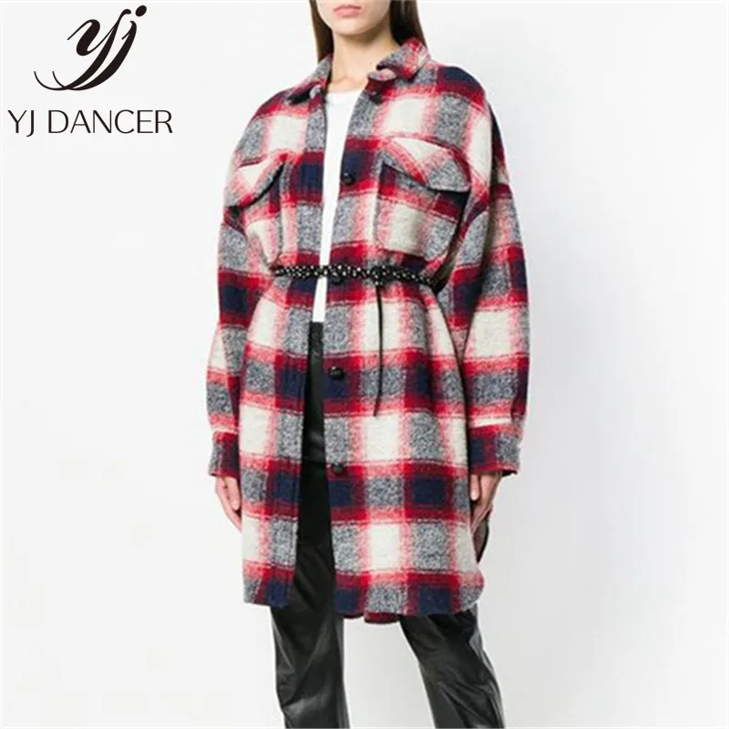 2018 Autumn Winter Woolen Coat New Loose Plaid Warm Coat In The Long Section Lapels Check Double Pocket Shirt Coat Women YZH508