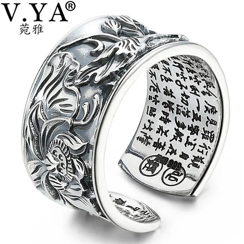 V.YA Solid 990 Sterling Silver Open Rings for Men Women Heart Sutra Homme Ring Thai Silver Jewelry Lovers Gift V.YA Solid 990 Sterling Silver Open Rings for Men Women Heart Sutra Homme Ring Thai Silver Jewelry Lovers Gift