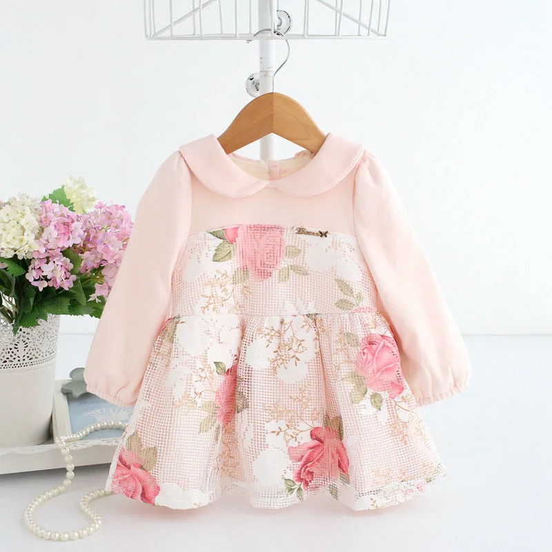 Платье для маленьких девочек От 0 до 3 лет Одежда для новорожденных Осенний цветок хлопковое детское платье детское праздничное платье для дня рождения для малышей DQ920 - Цвет: pink