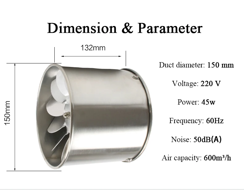 6 дюймов Встроенный воздуховод из нержавеющей стали, высокоскоростной вентилятор, вентиляция труб, кухонный вытяжной вентилятор, вытяжка, настенный вентилятор 150 мм 220 В