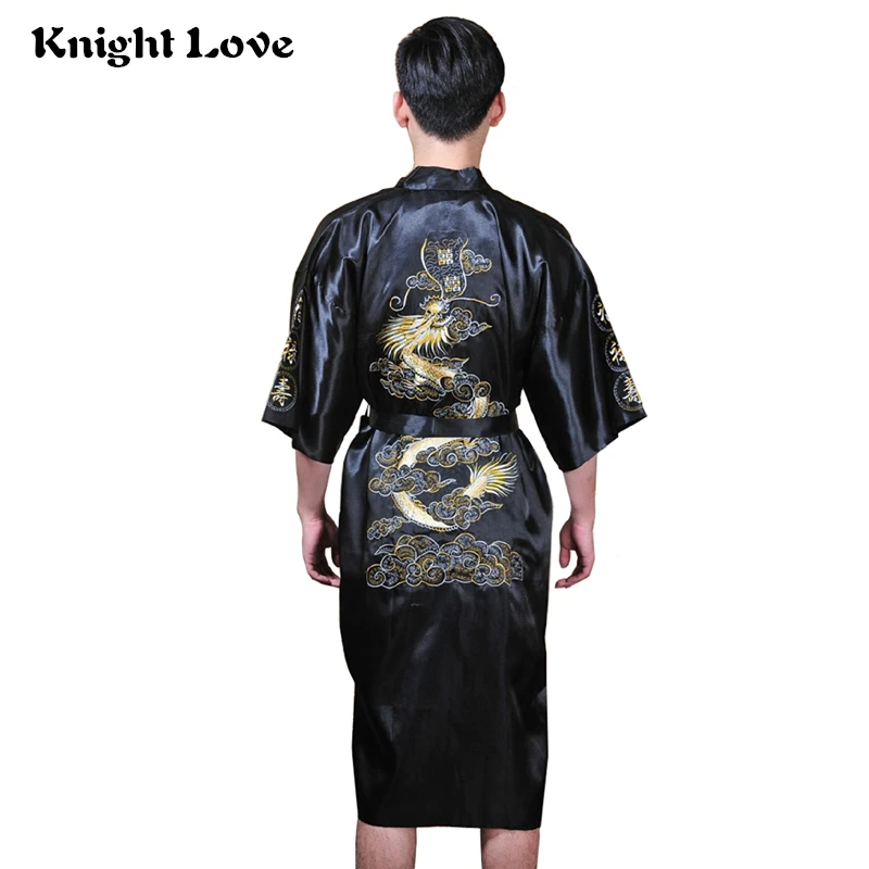 Темно-синий китайский Мужской Шелковый Атласный халат с вышивкой кимоно банное платье Дракон летняя Мужская Ночная рубашка Размеры S M L XL XXL XXXL