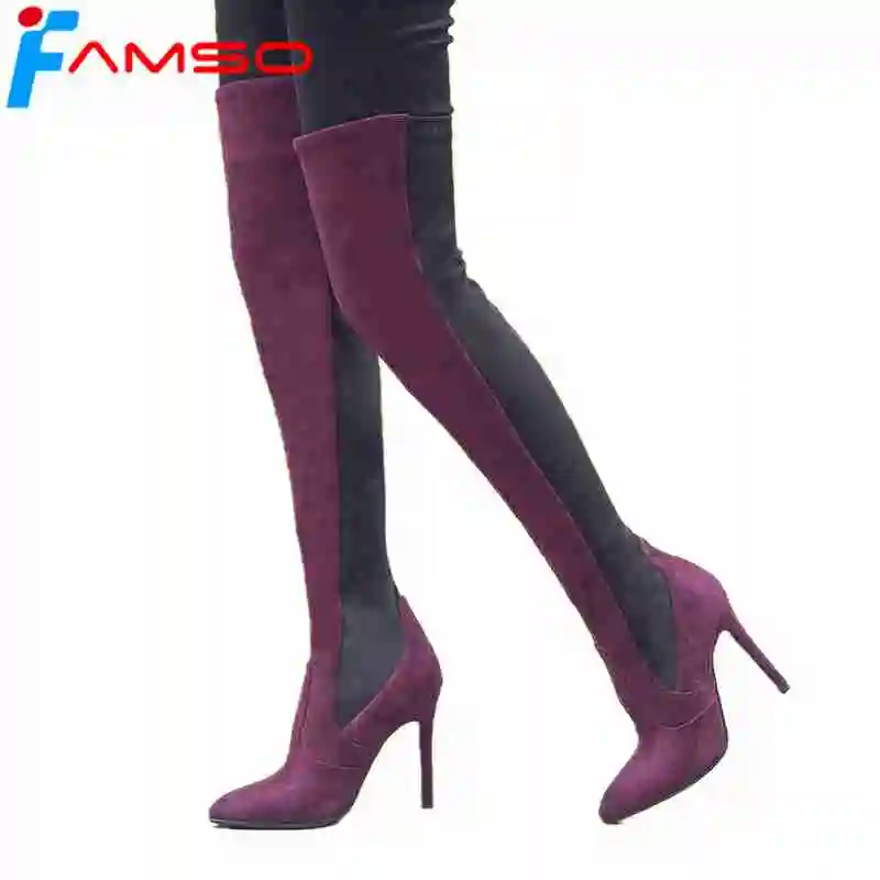 

FAMSO 2019 Shoes For Women Boots Designer Female Suede Boots Patchwork Pointed toe High Heels Winter Thigh High Snow Boots