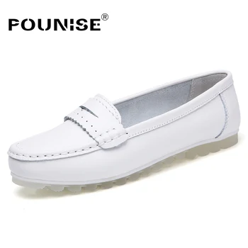 

Pounise women shoes white flats Summer Slip-On Loafers Split Leather shoes woman Round Toe casual flats Female Moccasin