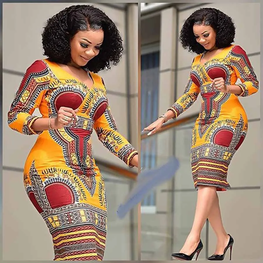 

African Clothing New Women Fashion Summer Short Sleeve Dress Casual Deep V-Neck Traditional African Print Party Dresses