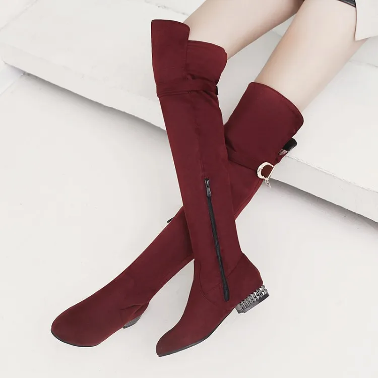 

Big Size 11 12 13 14 15 Over-knee boots Women's round head side half zipper square heel velvet two-cotton Knight boots