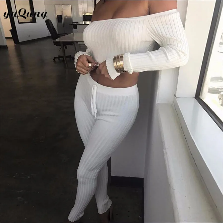 

yuqung Autumn Winter Women Tracksuit 2 Piece Set Clothing Long Sleeve knitted crop top+long pants Sportswear SuitL79
