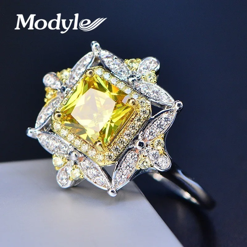 

Modyle 2019 New White Gold Color Yellow AAA Cubic Zircon Hollow Flower Ring for Woman Bague Bijoux