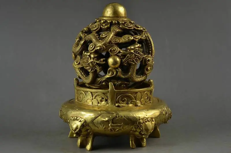 

Collectable Old BRASS Carving Double Dragon & 5 Lion Head Rare Big Religion Incense Burner fast SHIPPING