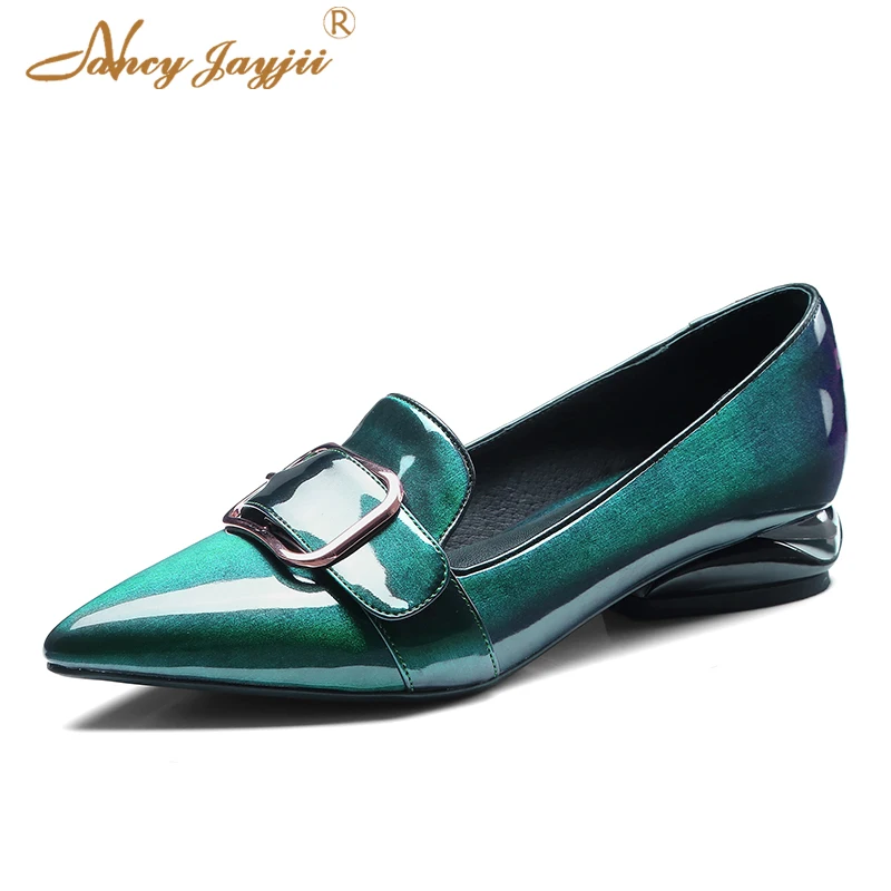 Loafer Green Patent Leather Genuine Leather Women Pumps Low Heels
