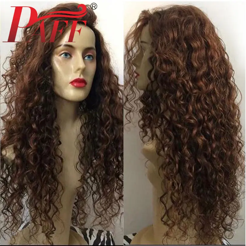 

PAFF 30# Brown Lace Front Human Hair Wigs with Natural Hairline Peruvain Remy Hair Pre Plucked Glueless Curly Ombre Color Wigs