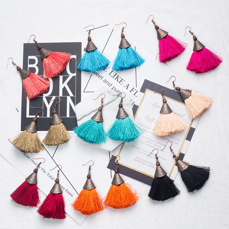 

2017 Bohemian Ethnic Ancient Retro Alloy Sandal Wood Women Wedding Handmade Tassel Fringe Statement Earrings Jewelry Wholesale