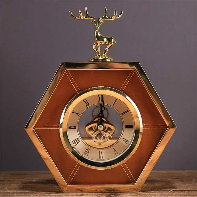 Metal Brown Clock with Deer Living Room TV Desk Decoration