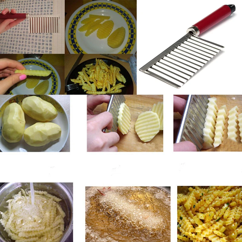 Нож для Картофель фри из нержавеющей стали с зубчатым лезвием, легко нарезки банана, фруктов, картофеля, волновой нож, измельчитель, кухонные аксессуары