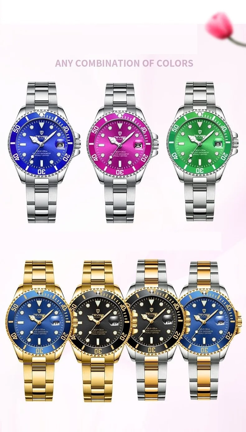 Женские кварцевые часы TEVISE T801, женские часы из нержавеющей стали, светящиеся стрелки, водонепроницаемые женские наручные часы для женщин