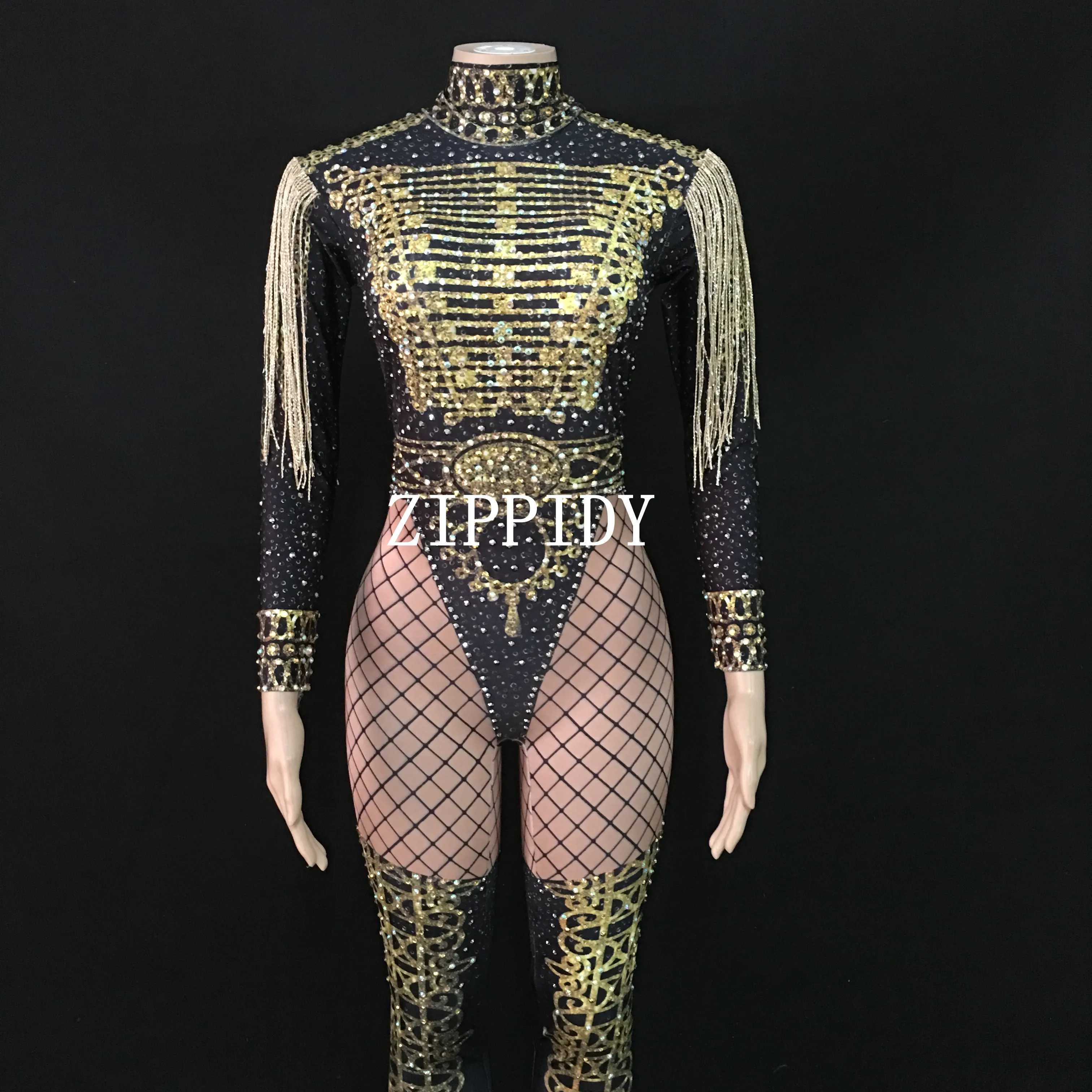 Gold Fringes Epaulet Rhinestones Jumpsuit Women Jazz Dance Nude Stretch Bodysuit Outfit Evening Show One-piece Sexy Costume Wear Gold Fringes Epaulet Rhinestones Jumpsuit Women Jazz Dance Nude Stretch Bodysuit Outfit Evening Show One-piece Sexy Costume Wear