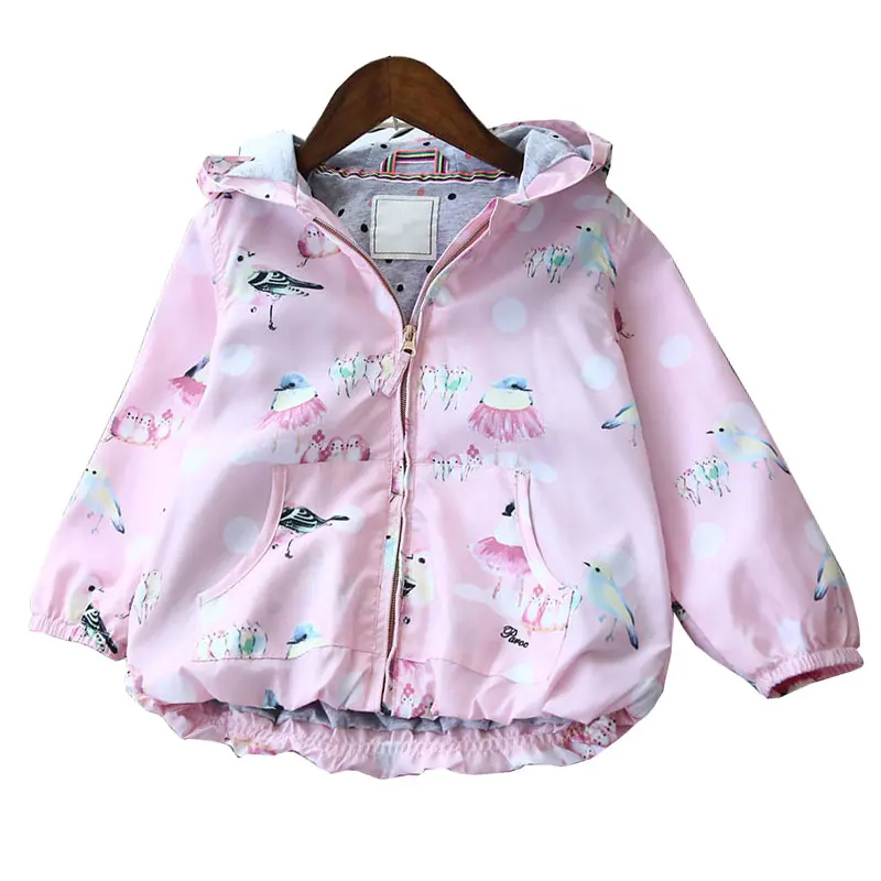 

2019 Autumn Kids Jackets Cartoon Bird Fashion Hooded Girls Coats Gray Pink Windbreaker Clothing Sping Baby Girls Outerwear