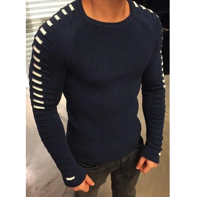 Модный свитер зимний мужской повседневный теплый свитер вязаный полосатый пуловер с длинными рукавами в стиле пэчворк Мужская эластичная однотонная одежда - Цвет: Dark blue