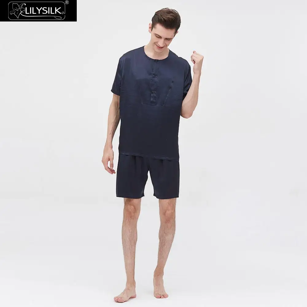 LilySilk комплект коротких пижам 22 Momme Простая мужская одежда с вырезом лодочкой