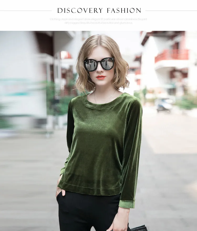 Fashion Women velvet shirt ,New Spring Autumn O-neck long sleeve Velvet blouse ,black blue velour striped sweater