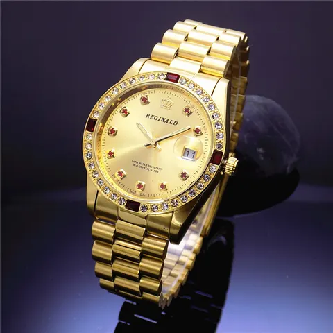Relógio de Luxo Mostrador do Relógio para Mulheres de Aço Moda Reginald Marca Novidades Quartz Data Analógico Inoxidável Completo Ouro Mulher Relógios 2020 hk Mod. 128858