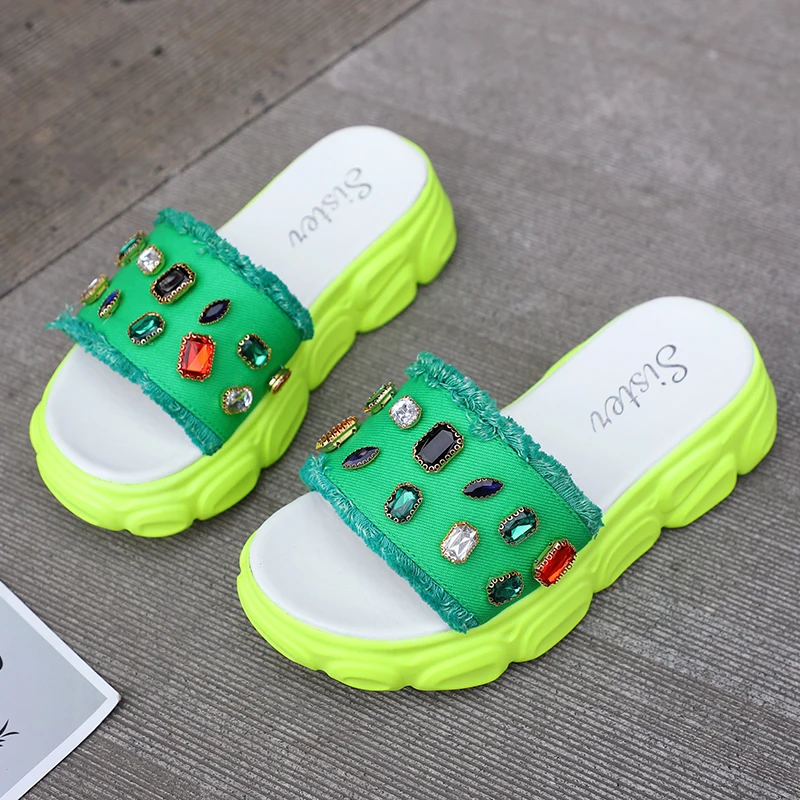 

2019 new hot green pink yellow rhinestone summer women slippers beach med heels platform slides pantoufle ladies pantuflas
