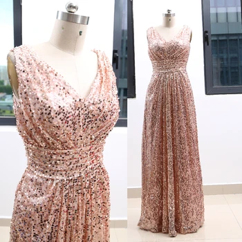 

MACloth Rose Gold A-Line V Neck Floor-Length Long Beading Tulle Prom Dresses Dress XS 262936 Clearance