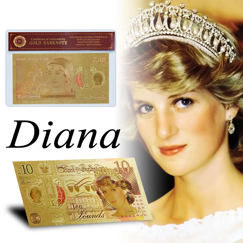 

WR England Last Rose Diana Princess Challenge Banknote Quality Gold Plated 10 Pounds Banknote Fake Bill Replica Banknote