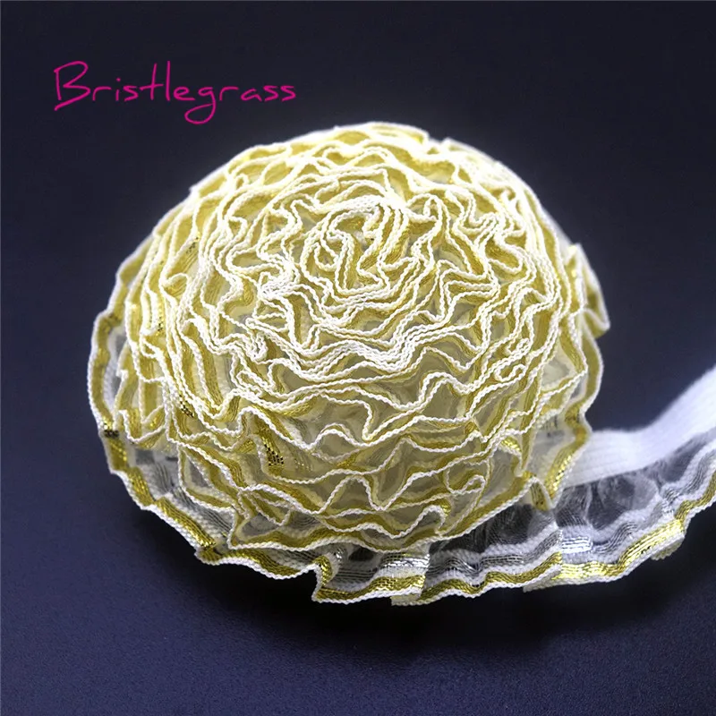 

BRISTLEGRASS 5 Yard 1" Gold Glitter Frilly Ruffled Patchwork Lace Trim White Elastic Band Headband Tutu Wedding Dress DIY Sewing