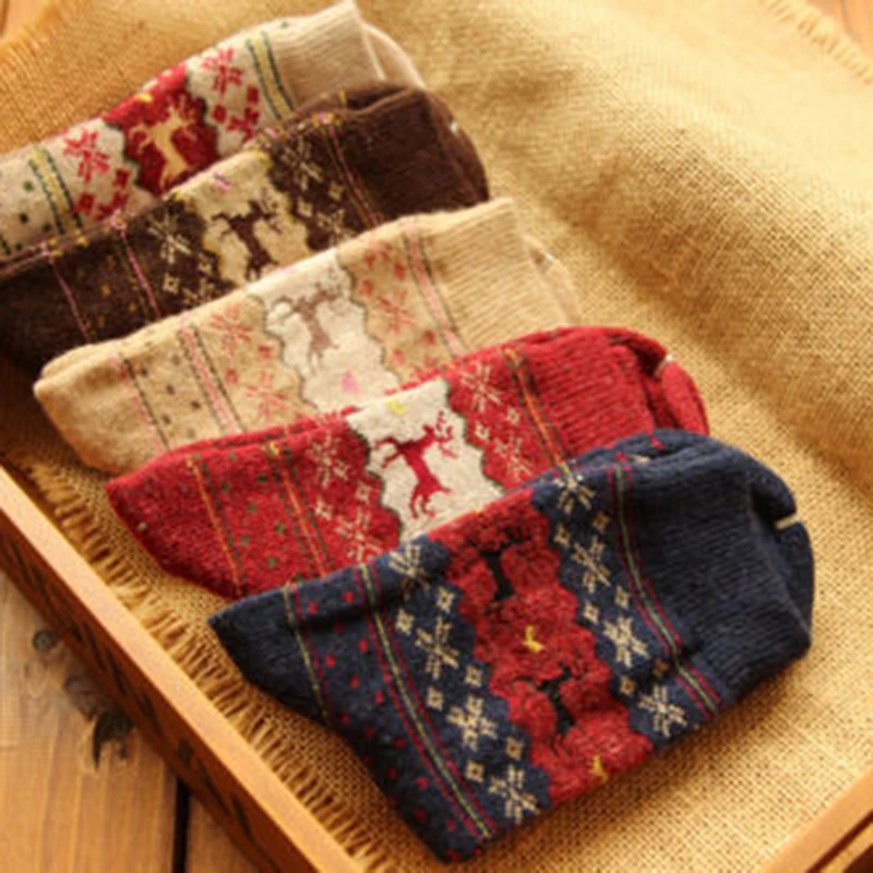 5 пар/упак. рождественские носки с золотым оленем и кроличьим мехом осень-зима, сохраняющие тепло женские носки с оленем Рождественский подарок AQ968187