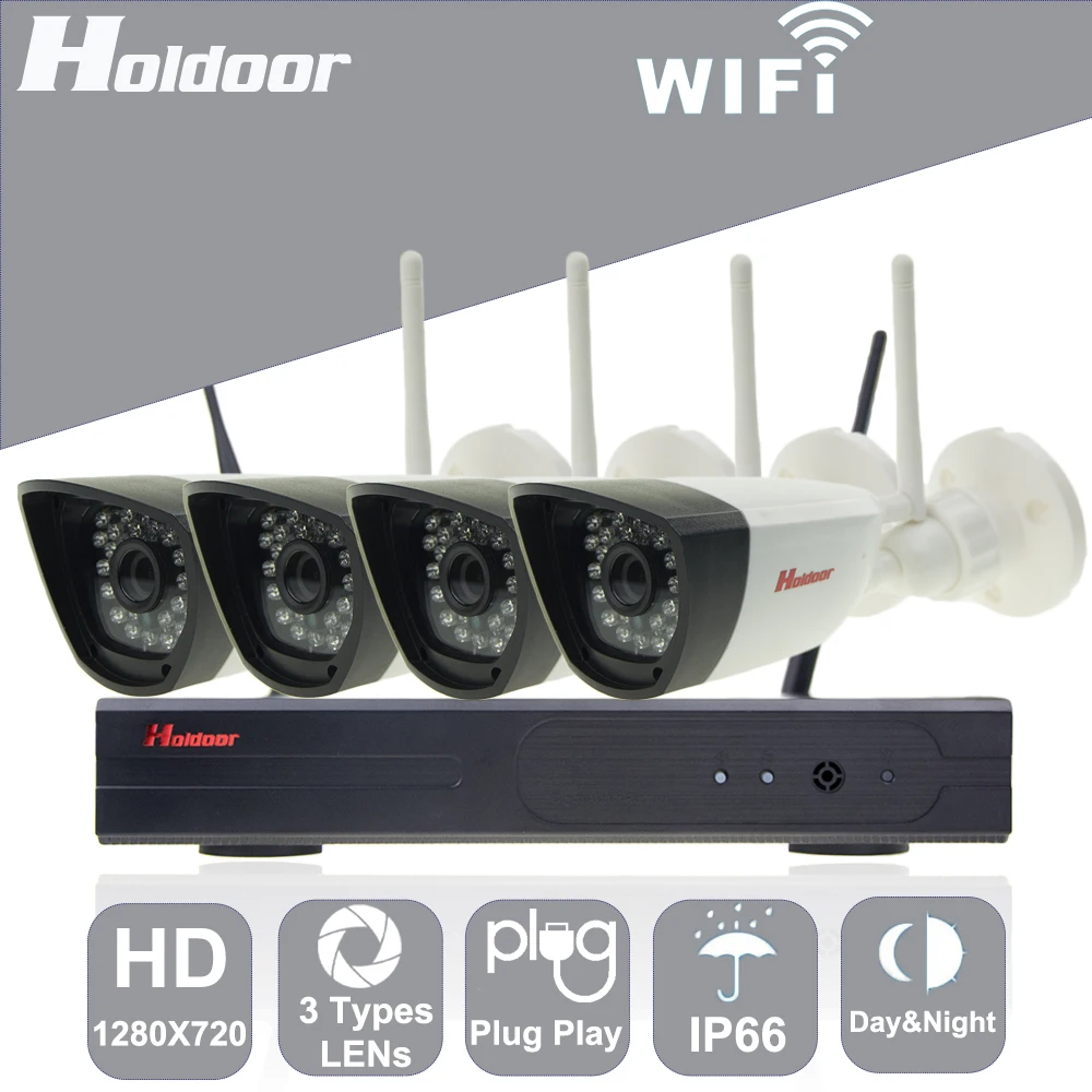 

Holdoor 4CH WiFi Wireless NVR Kit Home Security System 720P Network Camera Wi-Fi Wired Network Waterproof IP65 Night Vision