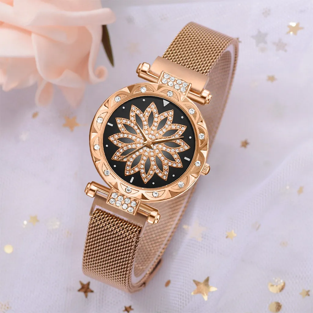 Топ бренд для женщин сетки Магнит пряжка Lucky Flower часы Роскошные дамы Геометрическая поверхность кварцевые часы Relogio Feminino