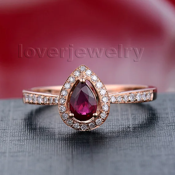 

Pear 4x6mm 18Kt Rose Gold Diamond Natural Red Ruby Engagement Ring WU248