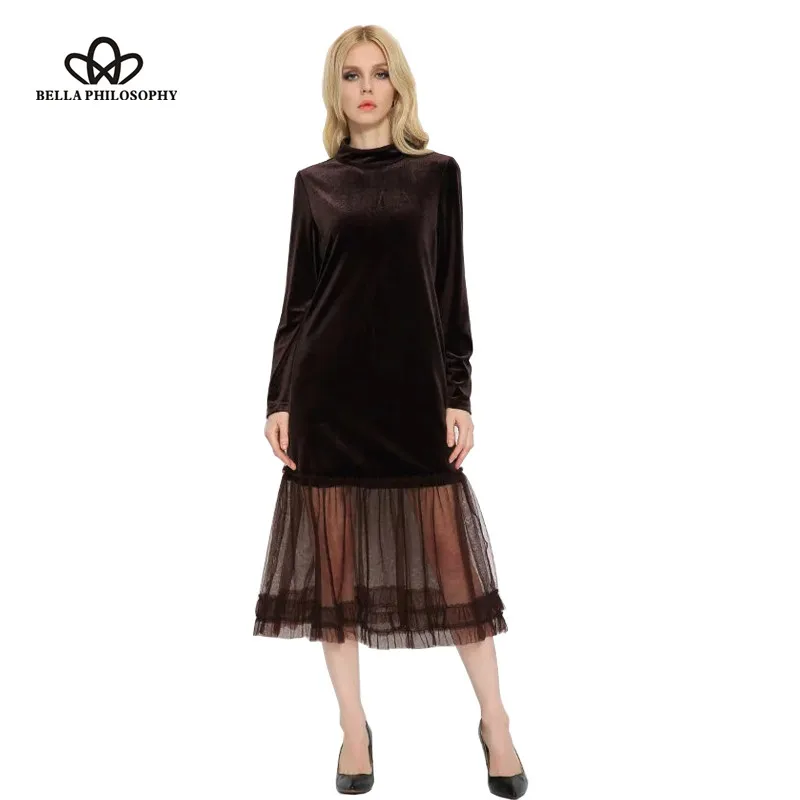 

Bella Philosophy spring fashion mesh yarn patchwork loose long sleeve velvet dresses brown black sexy mesh midi dress